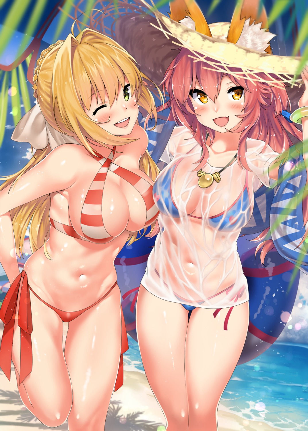 animal_ears bikini cleavage fate/extra fate/grand_order fate/stay_night kawai saber_extra see_through swimsuits tamamo_no_mae wet_clothes