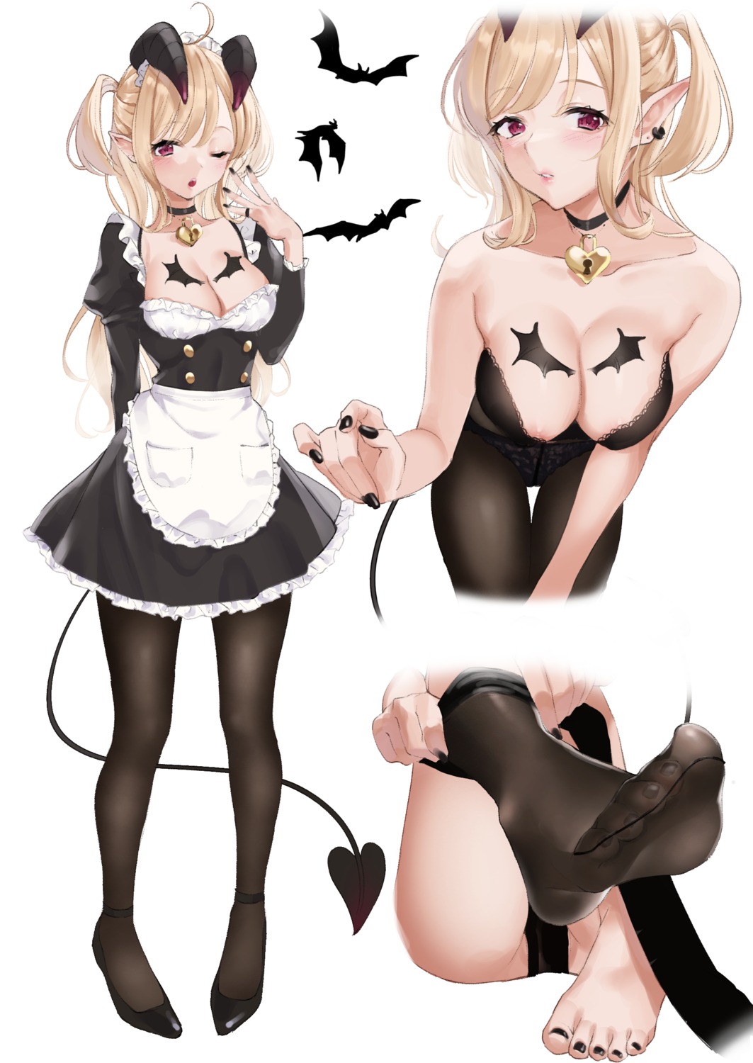 areola bra cameltoe cleavage feet horns maid mugika no_bra pantsu pantyhose pointy_ears tail tattoo undressing wardrobe_malfunction