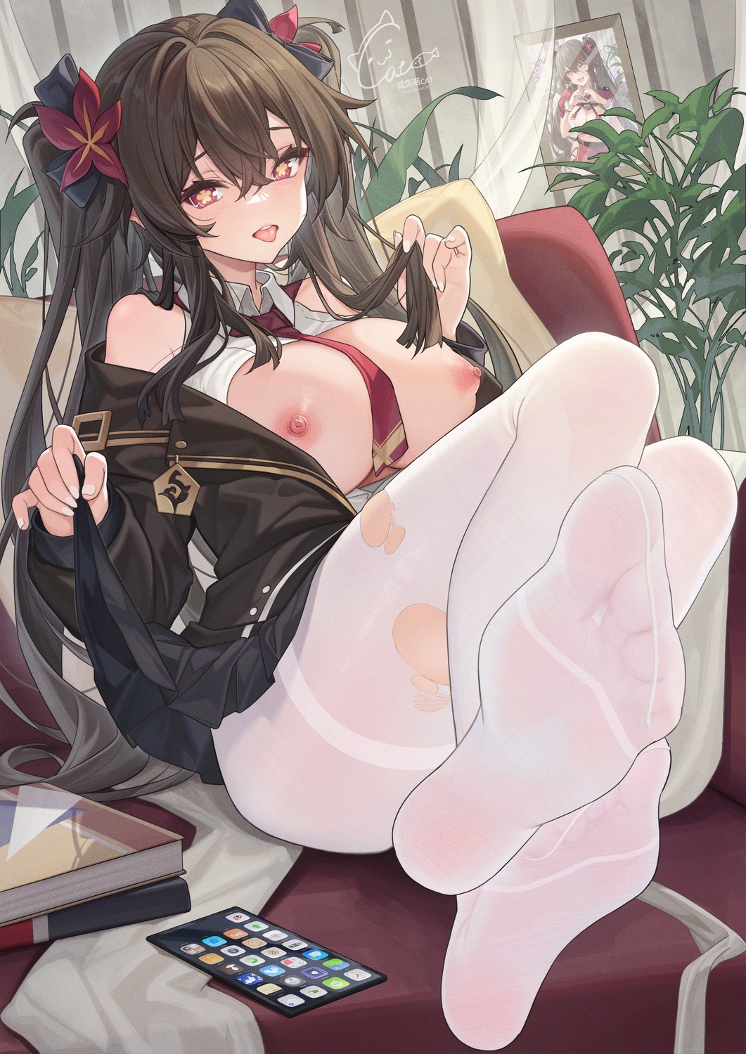 breasts feet genshin_impact hu_tao nipples no_bra open_shirt pantyhose skirt_lift torn_clothes youxuemingdie