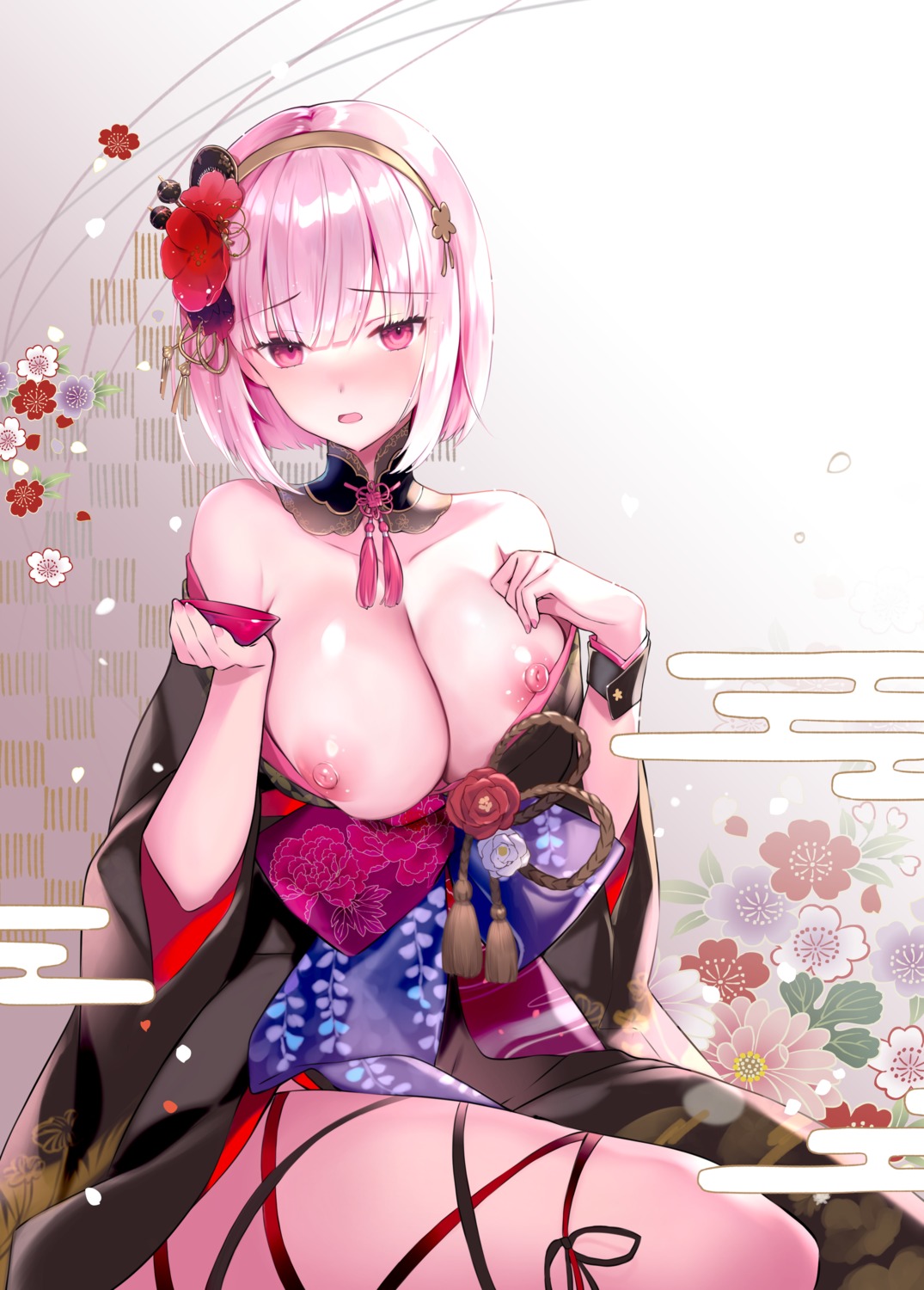 breasts hololive hololive_english kimono mori_calliope nipples no_bra open_shirt rei