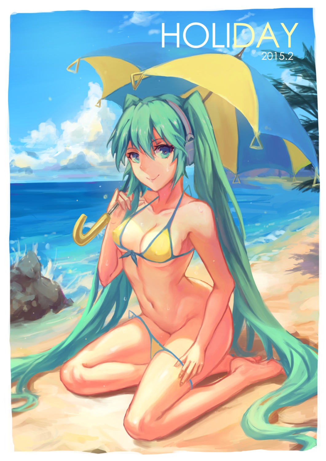 atdan bikini cleavage erect_nipples hatsune_miku panty_pull swimsuits umbrella underboob undressing vocaloid