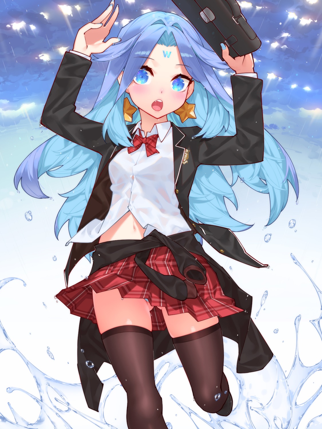 pantsu see_through seifuku skirt_lift tattoo thighhighs waterring wet_clothes