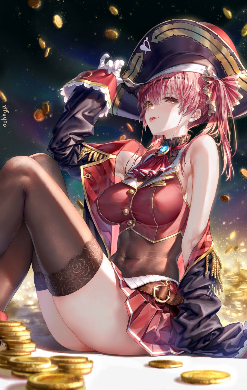 eyepatch heterochromia hololive houshou_marine oohhya pirate skirt_lift thighhighs