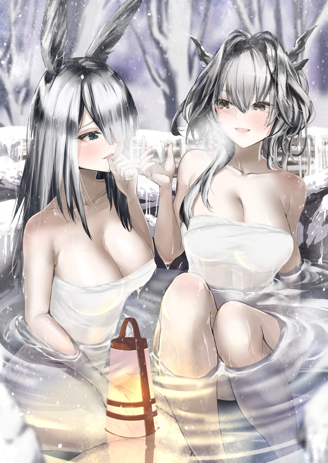 animal_ears arknights bathing bunny_ears frostnova_(arknights) horns marumai onsen talulah_(arknights) towel wet