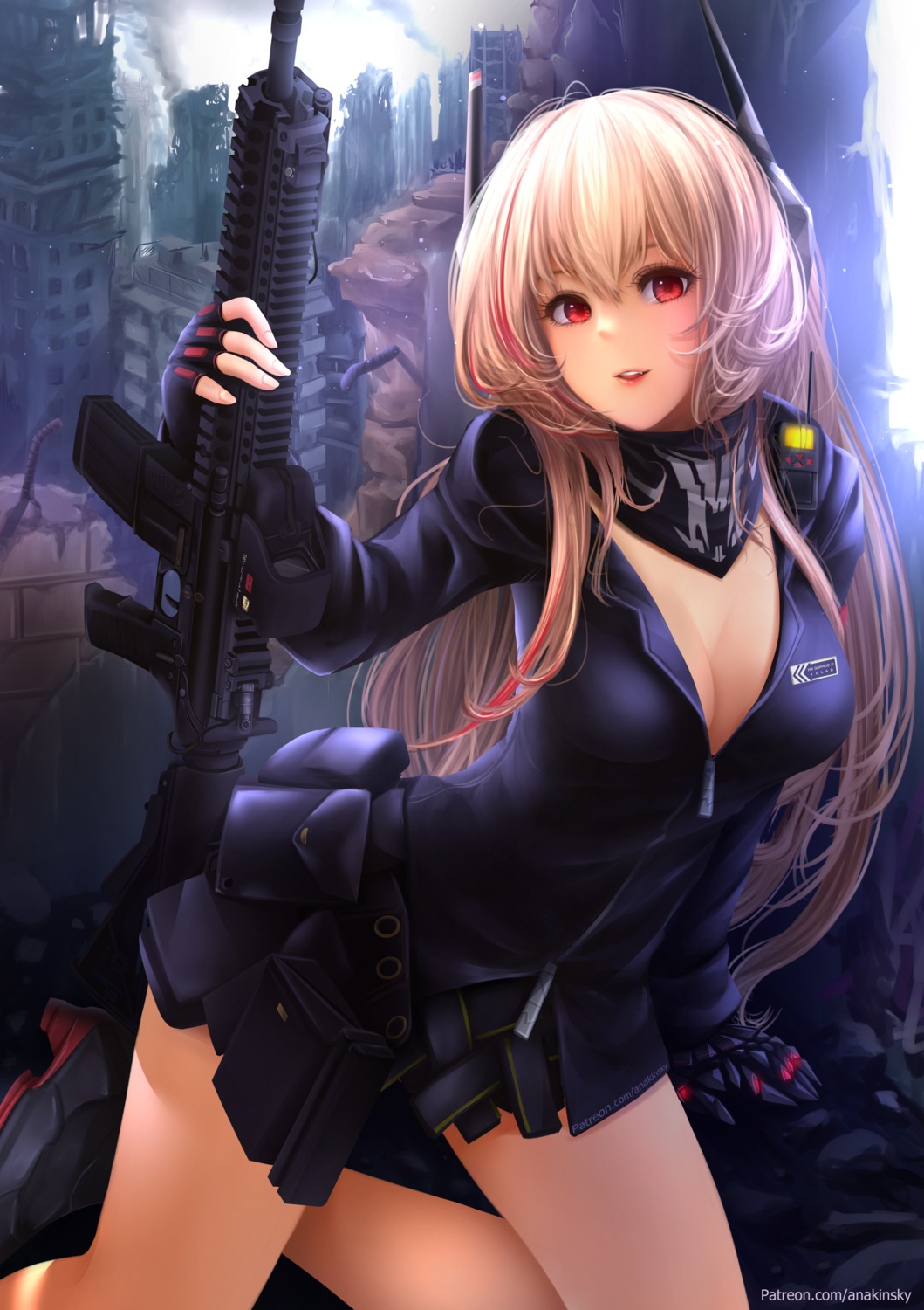 anakin_sky_(utcc) cleavage girls_frontline gun m4_sopmod_ii_(girls_frontline) no_bra open_shirt