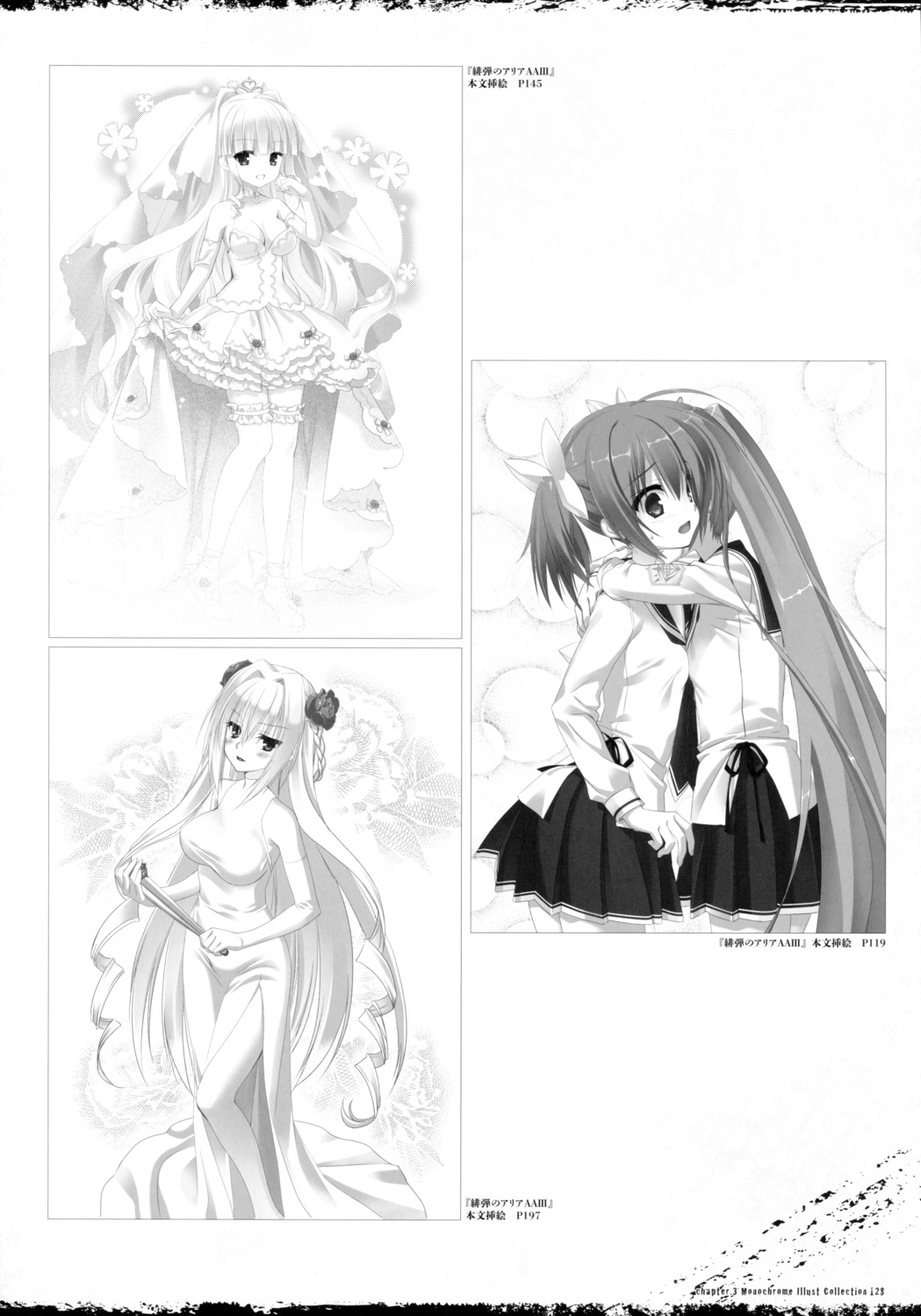 cleavage dress hidan_no_aria hidan_no_aria_aa kanzaki_h._aria kobuichi mamiya_akari monochrome seifuku shima_kirin takachiho_urara thighhighs