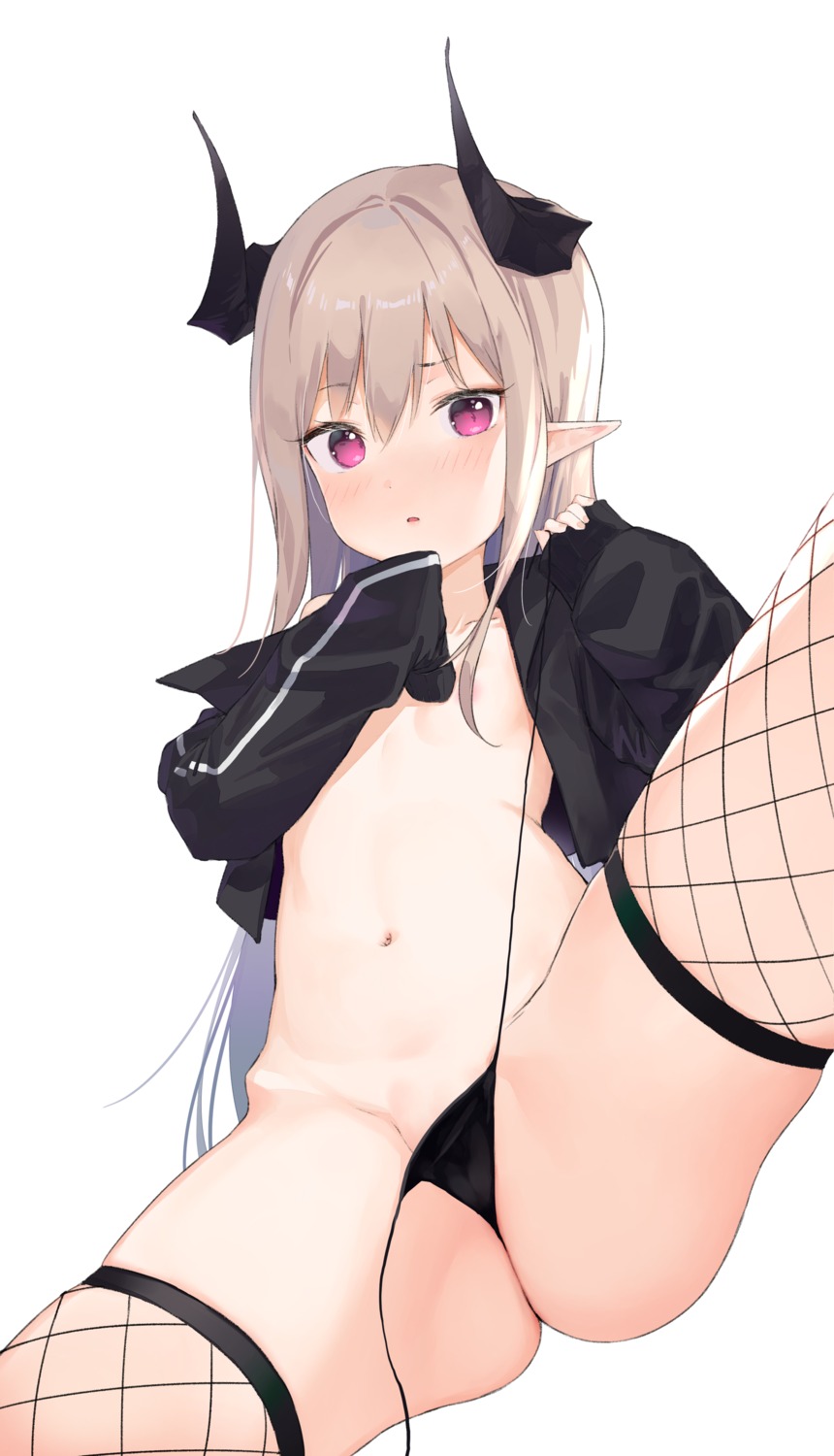 areola cameltoe fishnets loli open_shirt pantsu panty_pull pointy_ears string_panties tagme thighhighs thong undressing