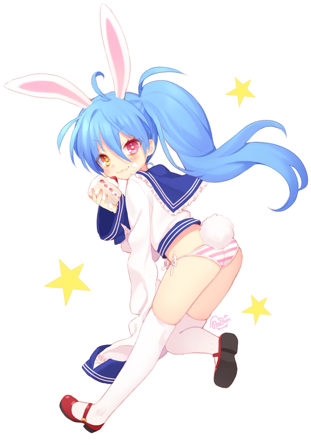 animal_ears ass bunny_ears byulzzi heterochromia pantsu seifuku shimapan string_panties thighhighs