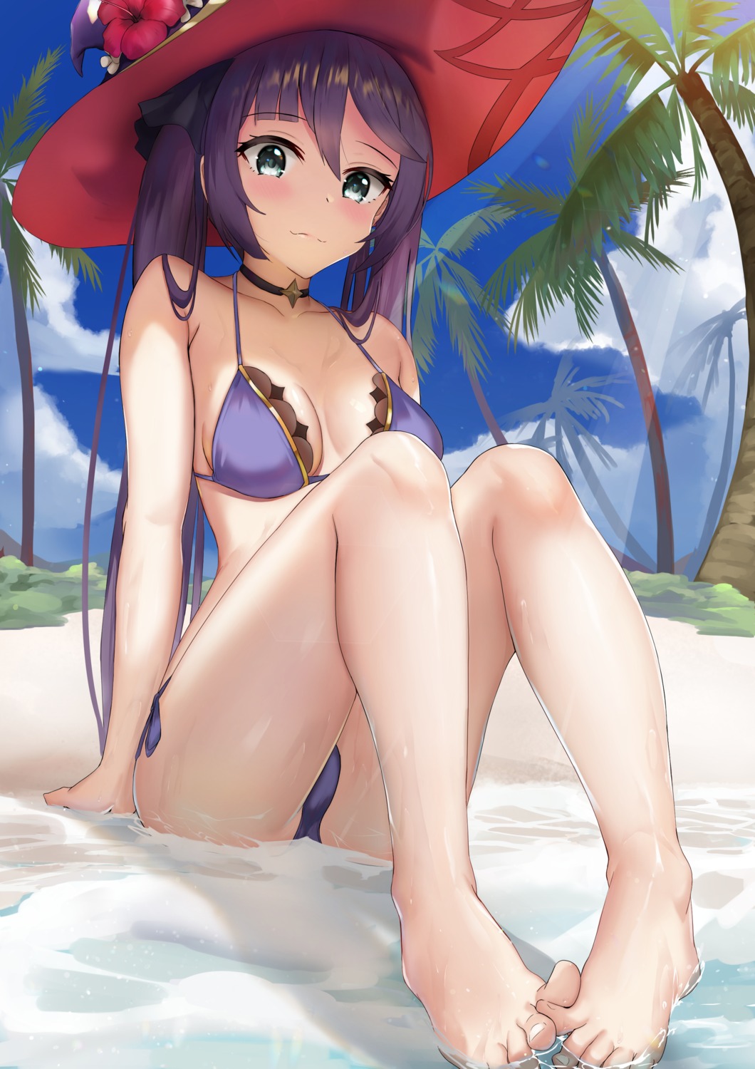 bikini feet genshin_impact mona_megistus skai_kun swimsuits wet witch