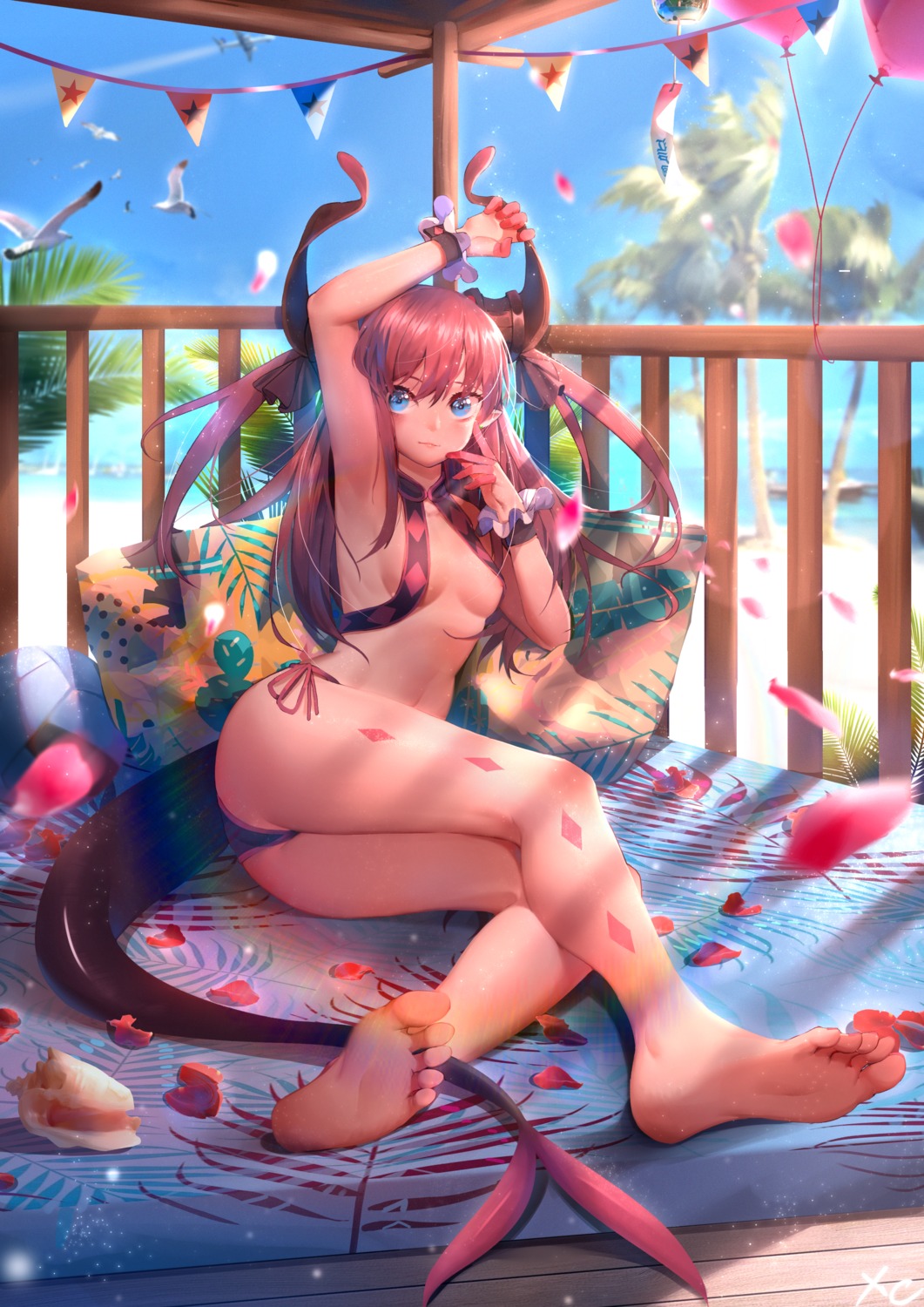 elizabeth_bathory fate/grand_order feet horns no_bra pantsu pointy_ears tail thong xingchee