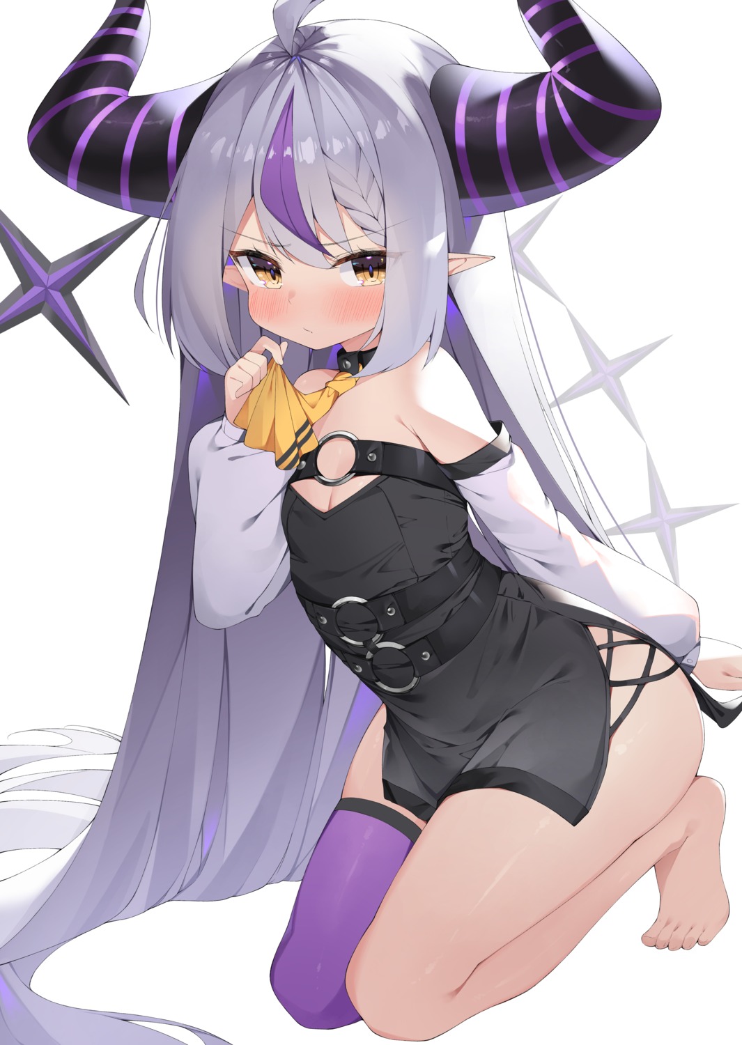 avant_garde_(artist) cleavage dress hololive horns la+_darknesss pointy_ears tail thighhighs