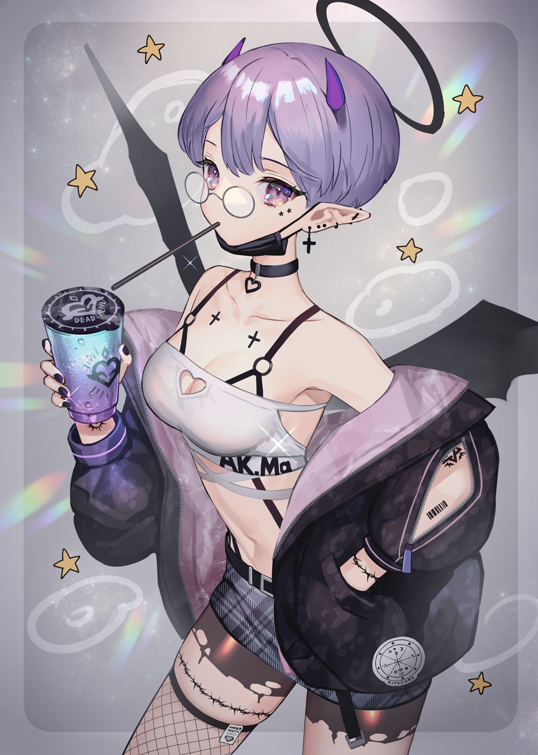 angel hitowa horns megane pointy_ears thighhighs torn_clothes wings