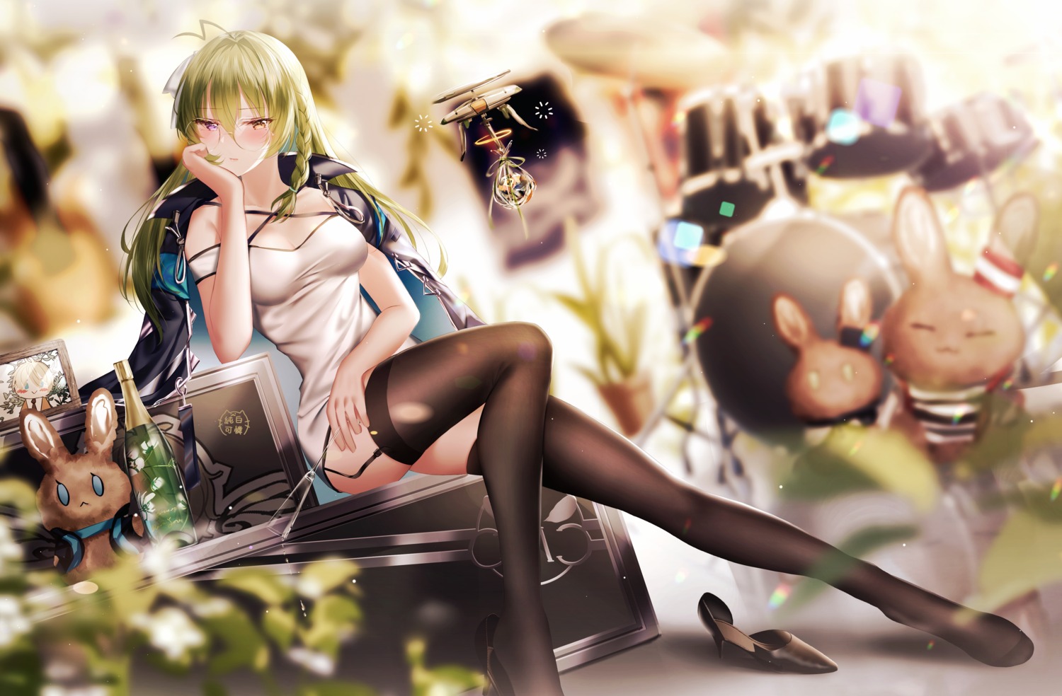 arknights cleavage dress gavial_(arknights) heels junpaku_karen megane stockings thighhighs