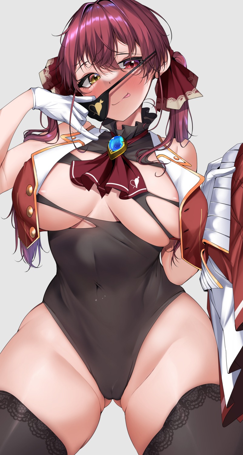 areola cameltoe eyepatch heterochromia hololive houshou_marine kshimu leotard no_bra thighhighs torn_clothes