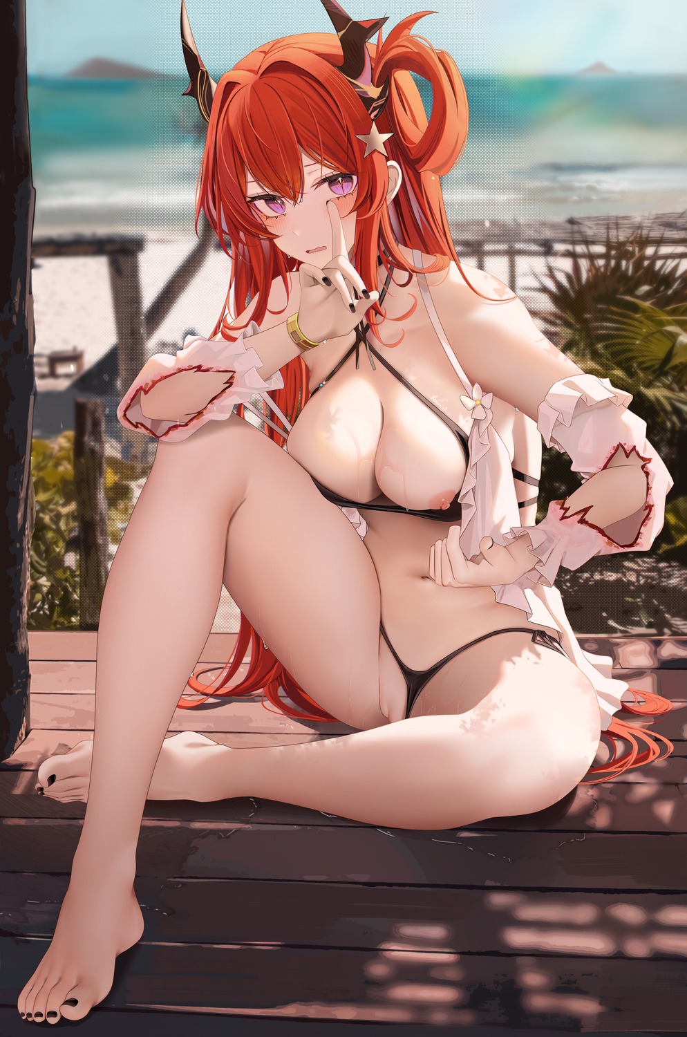 arknights bikini breasts horns nipples pussy ru_zhai surtr_(arknights) swimsuits thong uncensored undressing