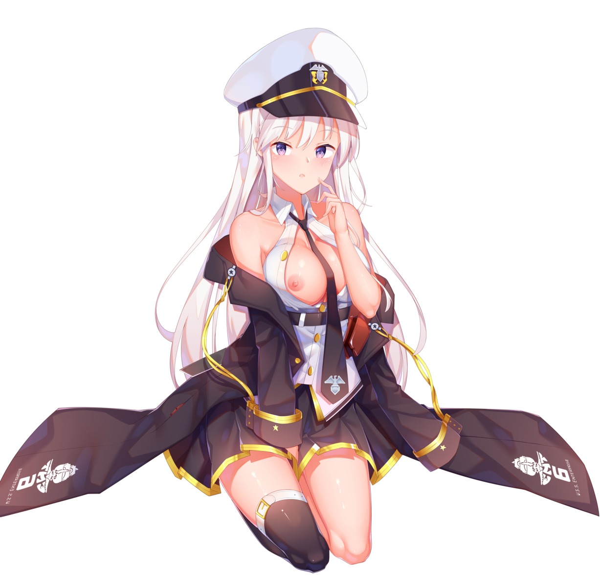 azur_lane breast_hold breasts enterprise_(azur_lane) nipples no_bra open_shirt thighhighs tousang uniform