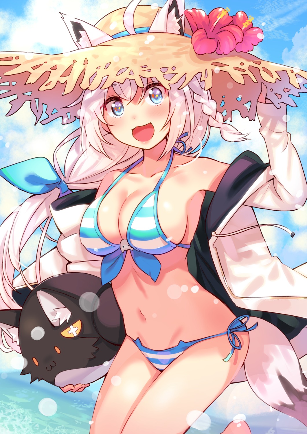 animal_ears bikini hololive hololive_gamers kitsune open_shirt shirakami_fubuki swimsuits tail tonari_no_kai_keruberosu