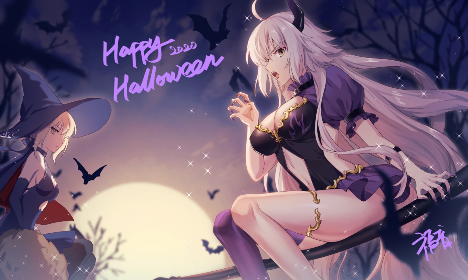 dress fate/grand_order garter gogatsu_fukuin halloween horns jeanne_d'arc jeanne_d'arc_(alter)_(fate) no_bra saber saber_alter thighhighs witch