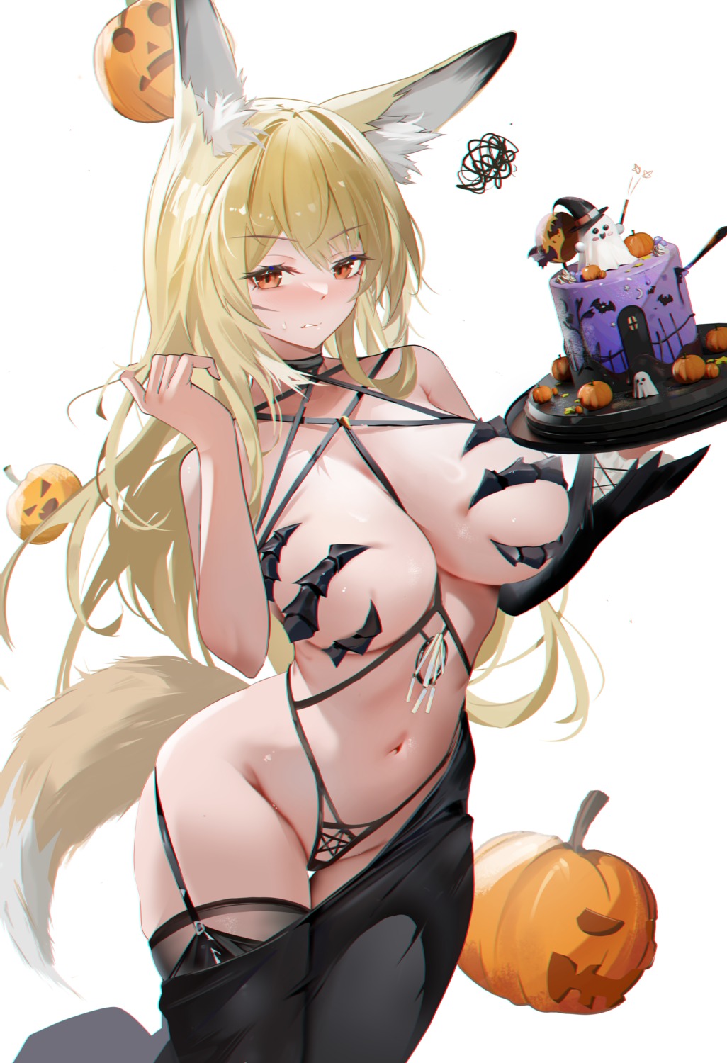 animal_ears arknights azur_lane cosplay halloween kitsune no_bra owari_(azur_lane) sabou_san-shitsu_kokoro see_through stockings tail thighhighs vulpisfoglia