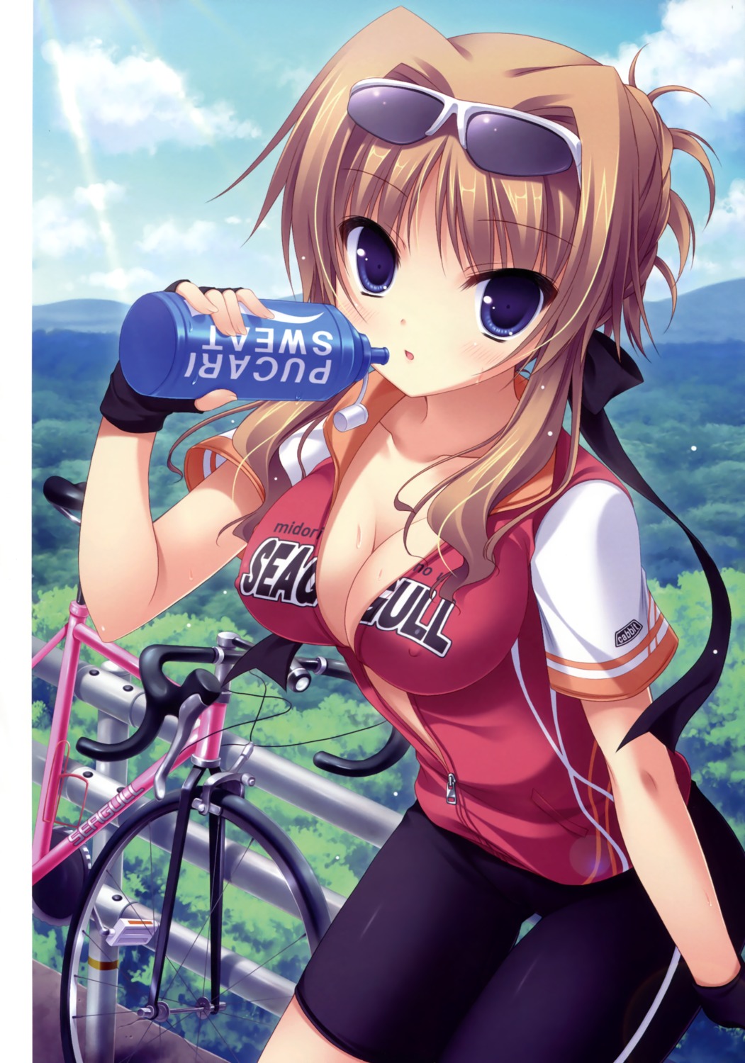 bike_shorts cabbit chisha cleavage erect_nipples midori_no_umi no_bra open_shirt yukie