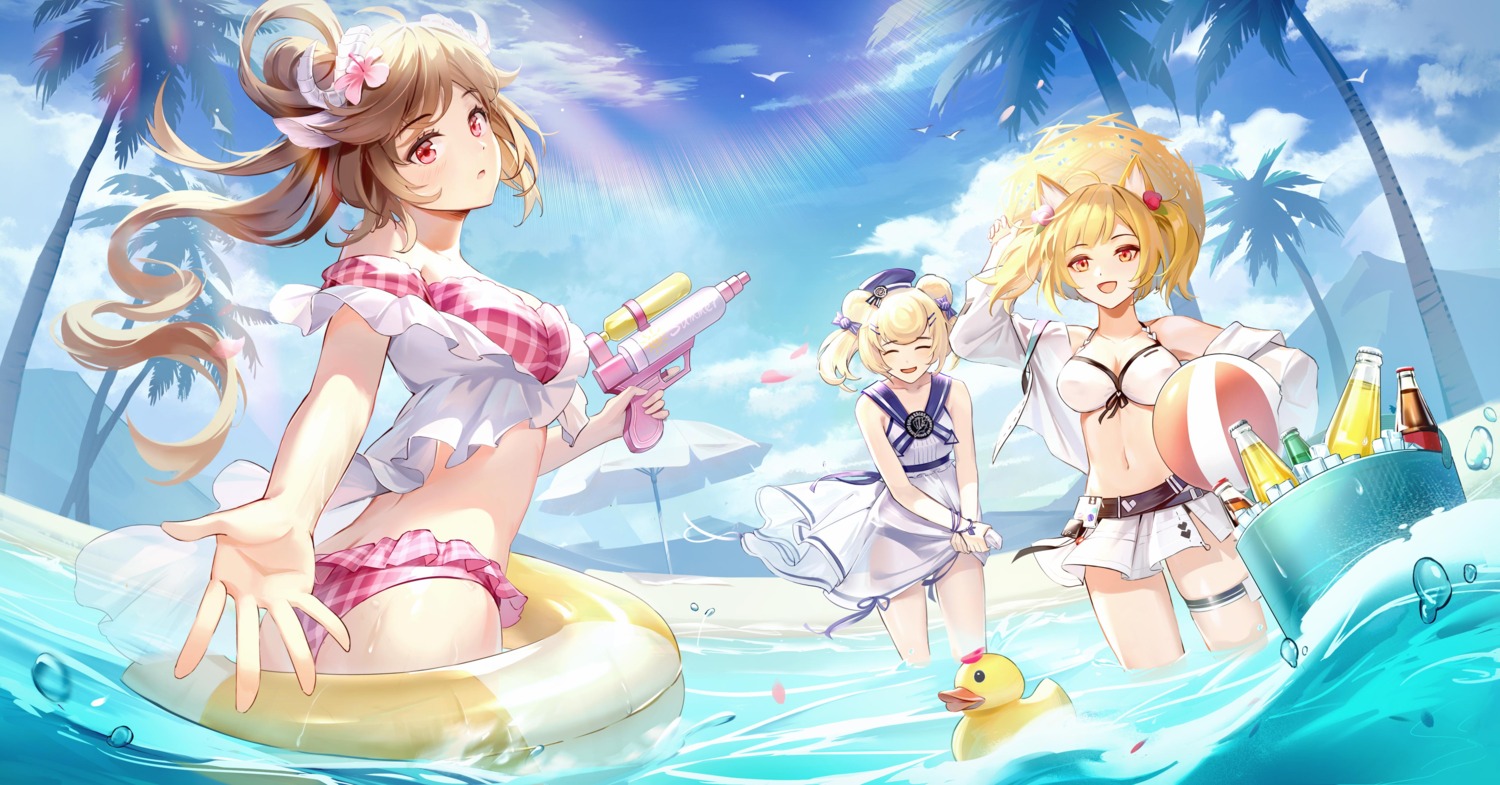 animal_ears arknights ass bikini cleavage eyjafjalla_(arknights) garter gummy_(arknights) gun jpeg_artifacts open_shirt see_through skirt_lift sora_(arknights) swimsuits uza wet