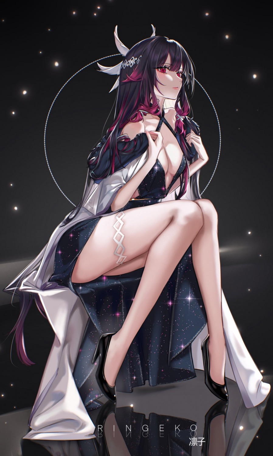 columbina dress garter genshin_impact heels no_bra open_shirt ringeko-chan undressing