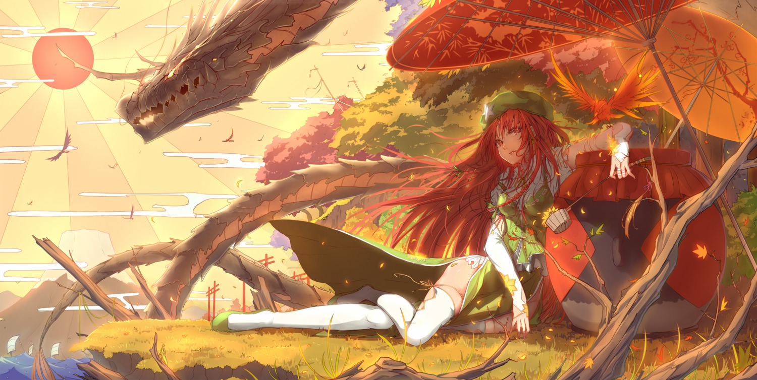 chinadress cleavage dress hong_meiling hourai_no_hangentsuki landscape monster thighhighs touhou