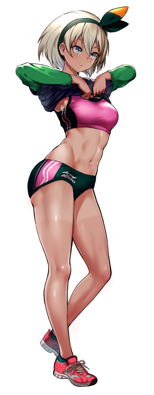 buruma gym_uniform pokemon pokemon_swsh puca-rasu saitou_(pokemon) shirt_lift tan_lines undressing