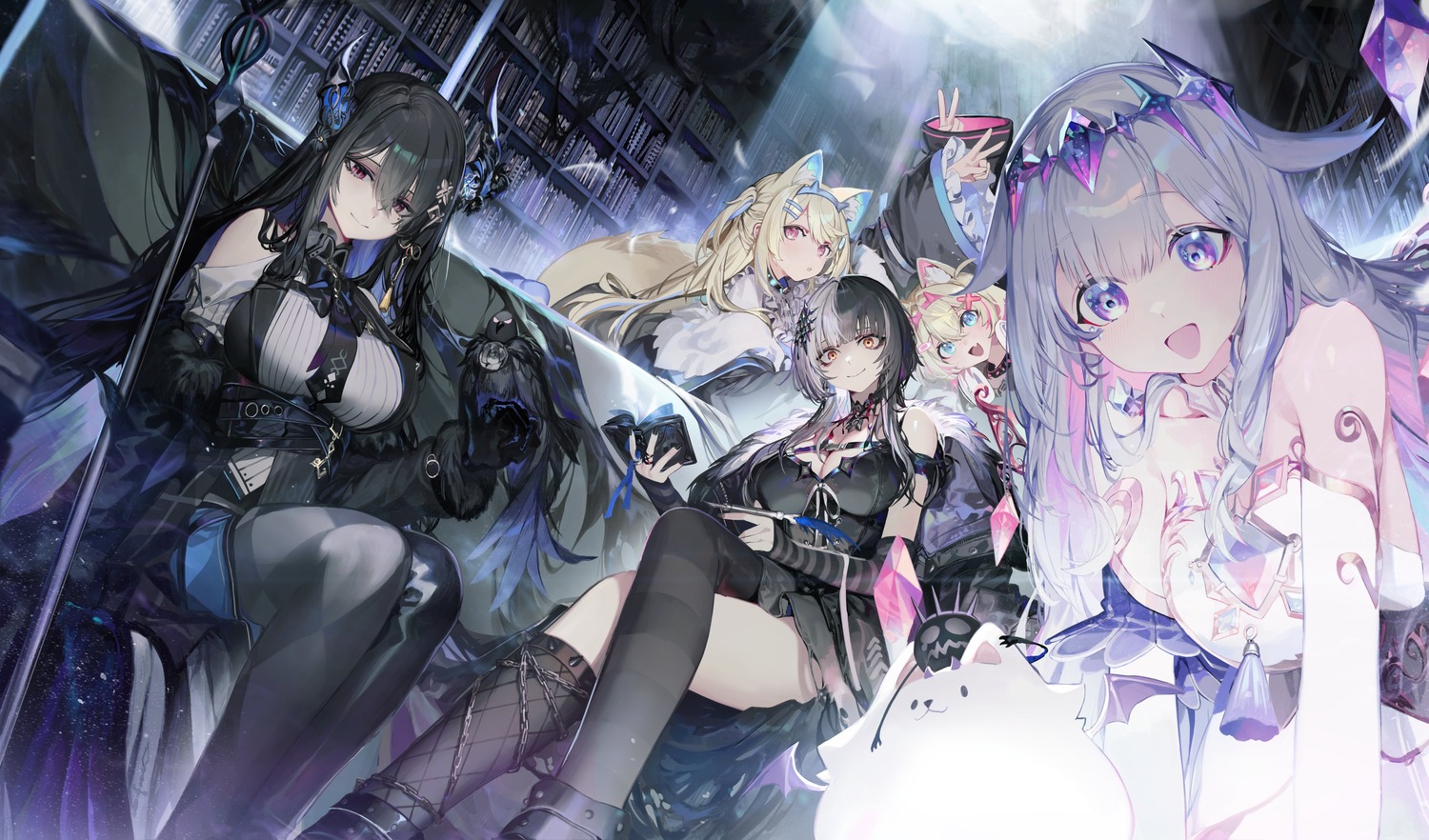 animal_ears bandaid chyan cleavage fuwawa_abyssgard hololive hololive_english horns inumimi koseki_bijou mococo_abyssgard nerissa_ravencroft shiori_novella thighhighs weapon