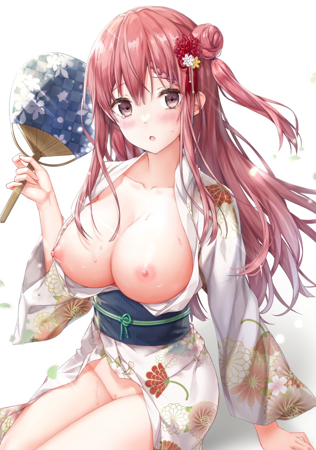 breasts kyariko nipples no_bra nopan open_shirt pussy skirt_lift uncensored yukata