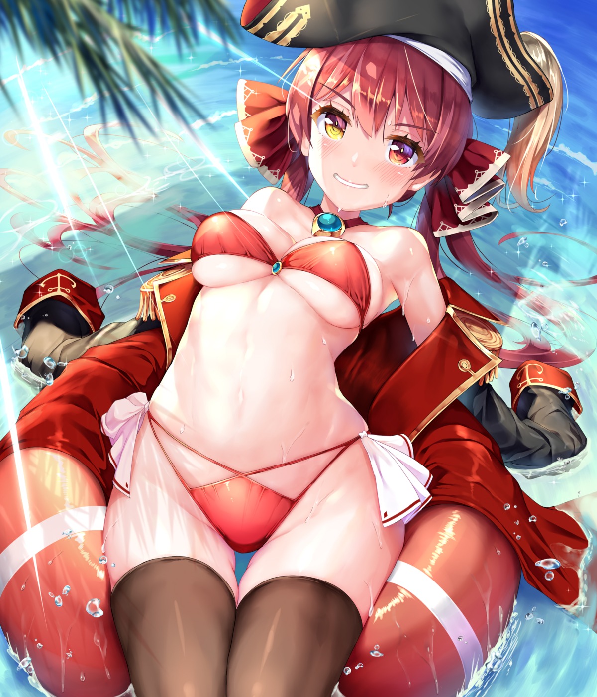 bikini heterochromia hololive houshou_marine mogmog open_shirt pirate swimsuits thighhighs wet