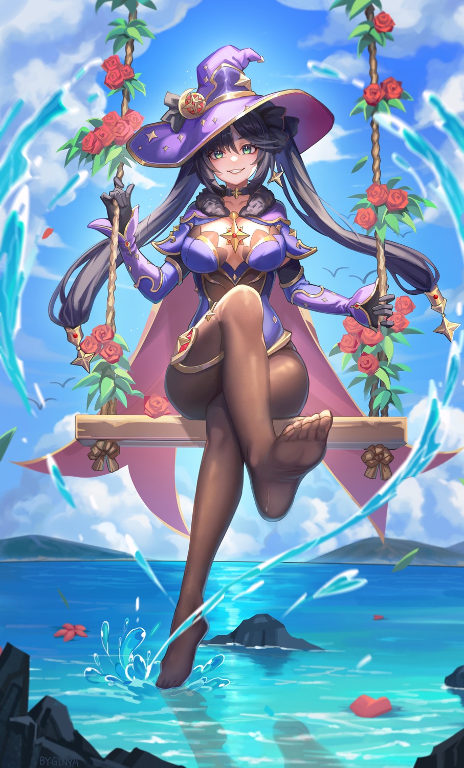 feet genshin_impact ginyasama leotard mona_megistus no_bra pantyhose witch