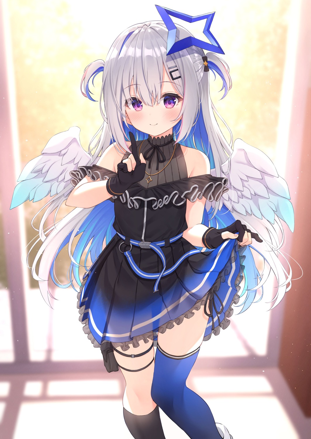 amane_kanata angel garter hololive see_through skirt_lift thighhighs wings xue_lu