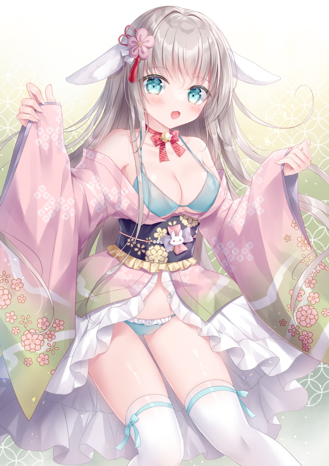 animal_ears bra bunny_ears cameltoe garter japanese_clothes kohinata_hoshimi open_shirt pantsu skirt_lift thighhighs