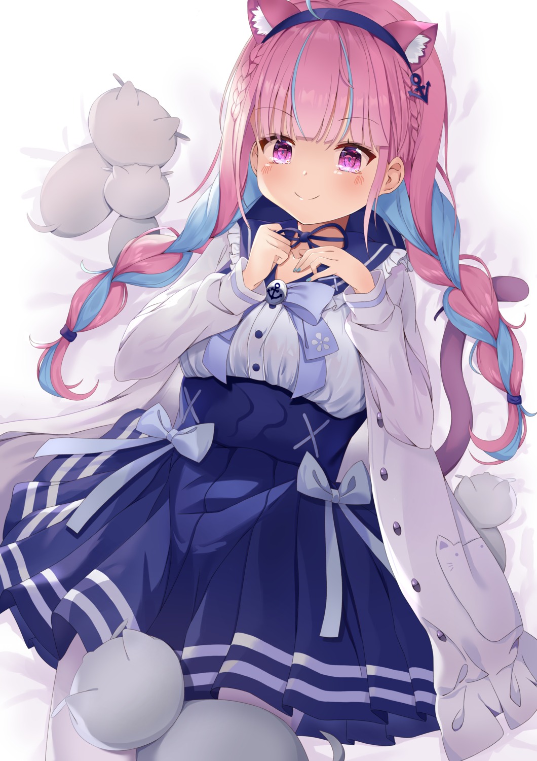 animal_ears aoba_mitsu breast_hold hololive minato_aqua neko nekomimi seifuku sweater tail