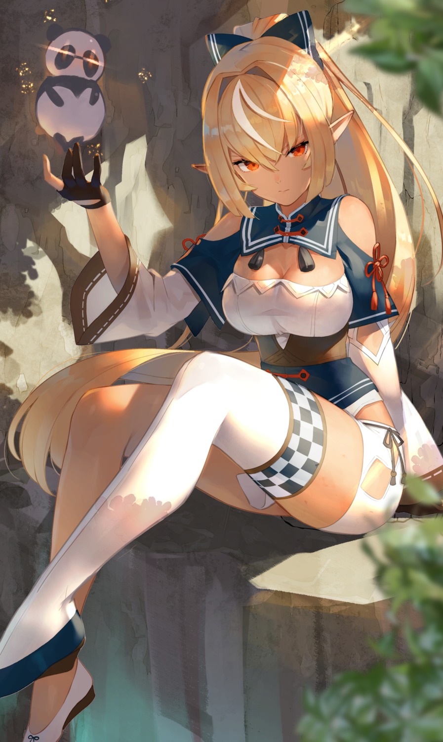 cleavage hololive pointy_ears scottie shiranui_flare thighhighs
