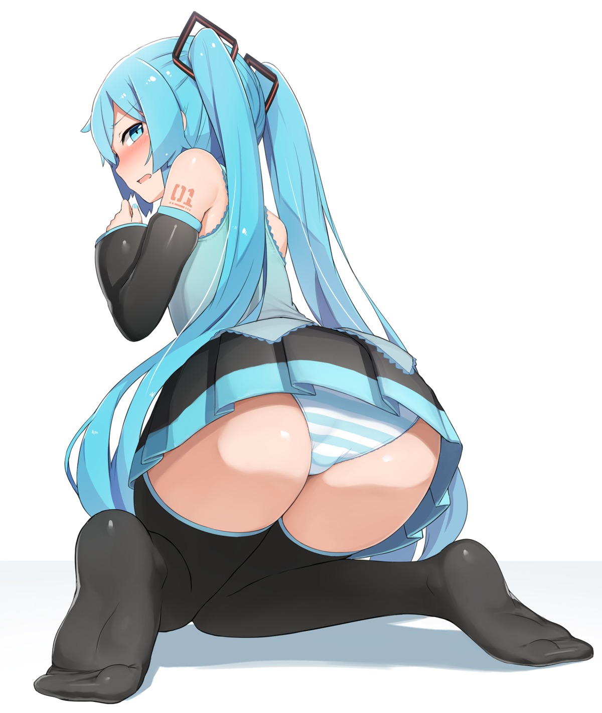 abmayo ass feet hatsune_miku pantsu shimapan skirt_lift tattoo thighhighs vocaloid