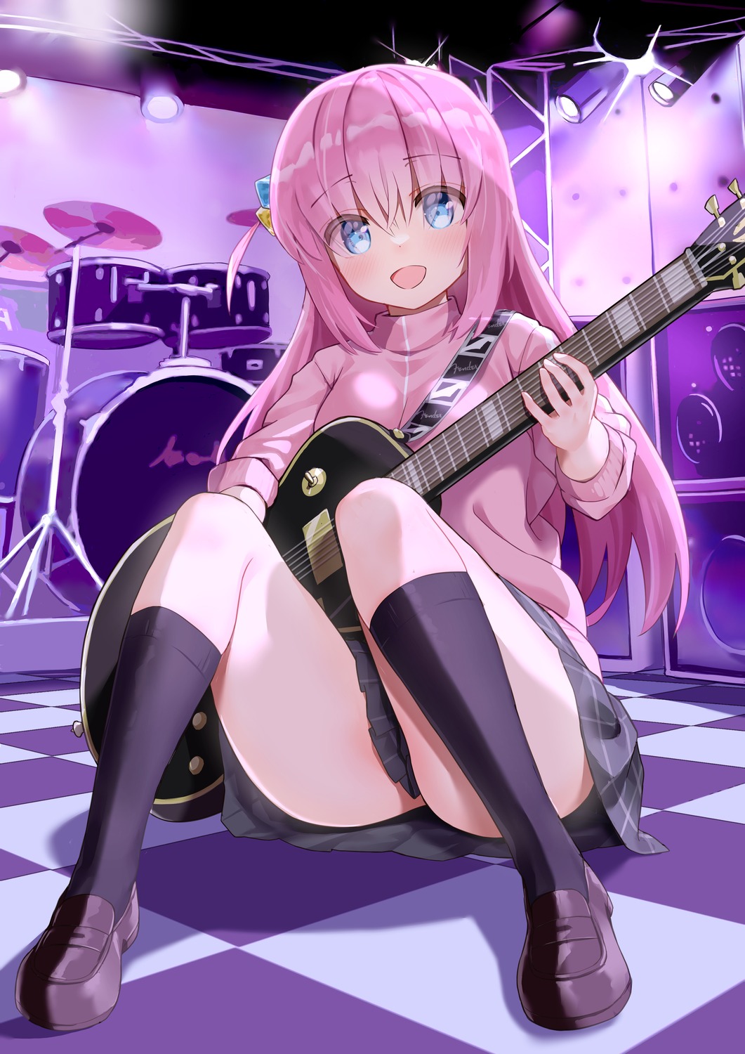 bocchi_the_rock! classic_(zildjian33) gotou_hitori guitar gym_uniform seifuku skirt_lift