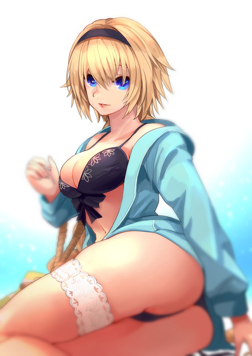 ass bikini cleavage fate/grand_order garter haowei_wu jeanne_d'arc jeanne_d'arc_(fate) open_shirt swimsuits thong