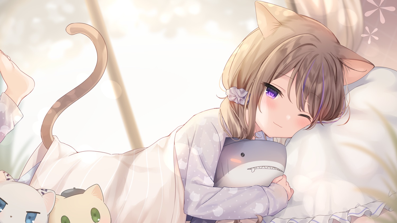 animal_ears leo mafuyu_(chibi21) neko nekomimi pajama sheets tail wallpaper