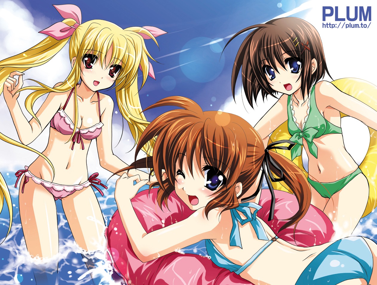 bikini cleavage fate_testarossa kanna mahou_shoujo_lyrical_nanoha mahou_shoujo_lyrical_nanoha_a's plum swimsuits takamachi_nanoha yagami_hayate