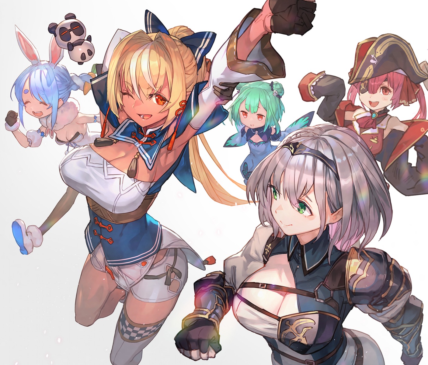 animal_ears armor bra bunny_ears bunny_girl cleavage dress eyepatch hololive houshou_marine lack pirate shiranui_flare shirogane_noel thighhighs uruha_rushia usada_pekora