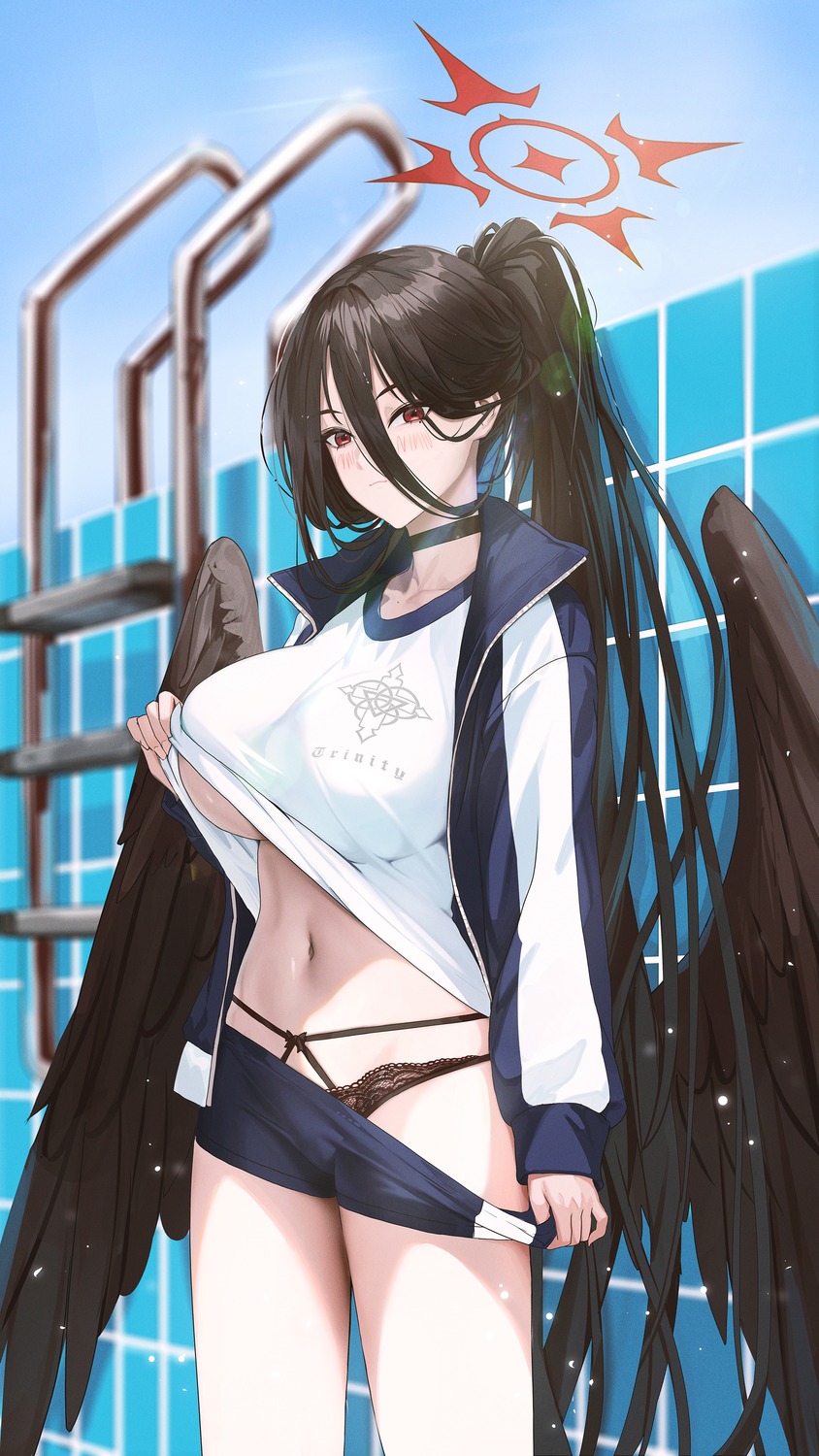 angel blue_archive fieryonion gym_uniform hanekawa_hasumi lingerie no_bra pantsu shirt_lift underboob undressing wings