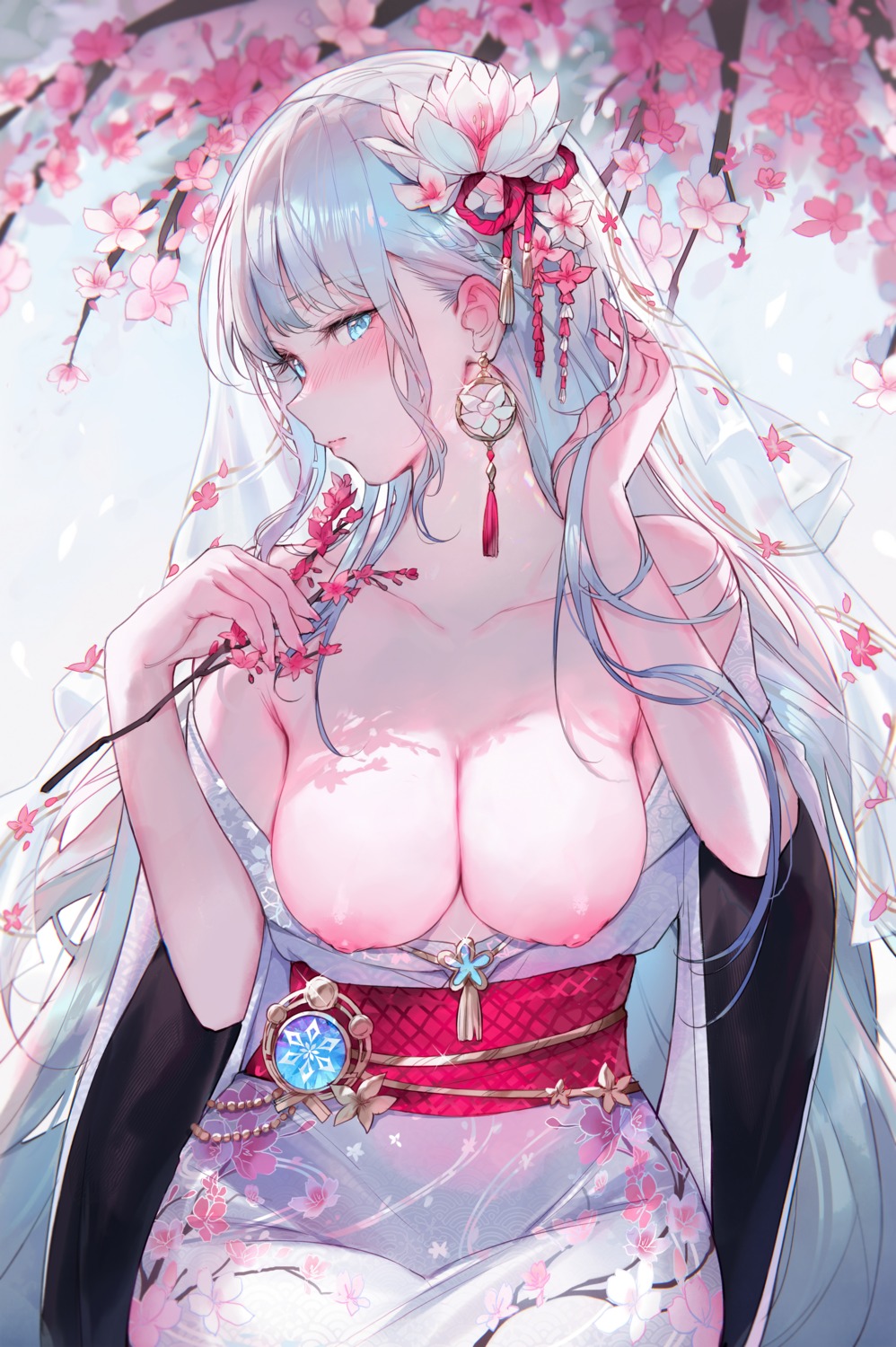 breasts genshin_impact kamisato_ayaka kimono nipples no_bra open_shirt qiandaiyiyu