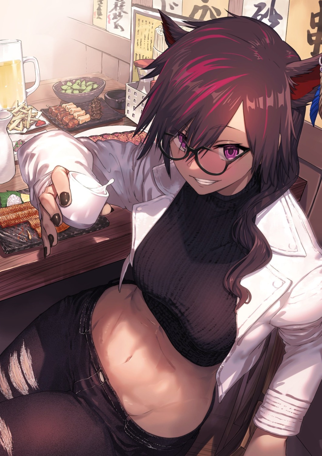 animal_ears megane nakanishi_tatsuya sweater torn_clothes