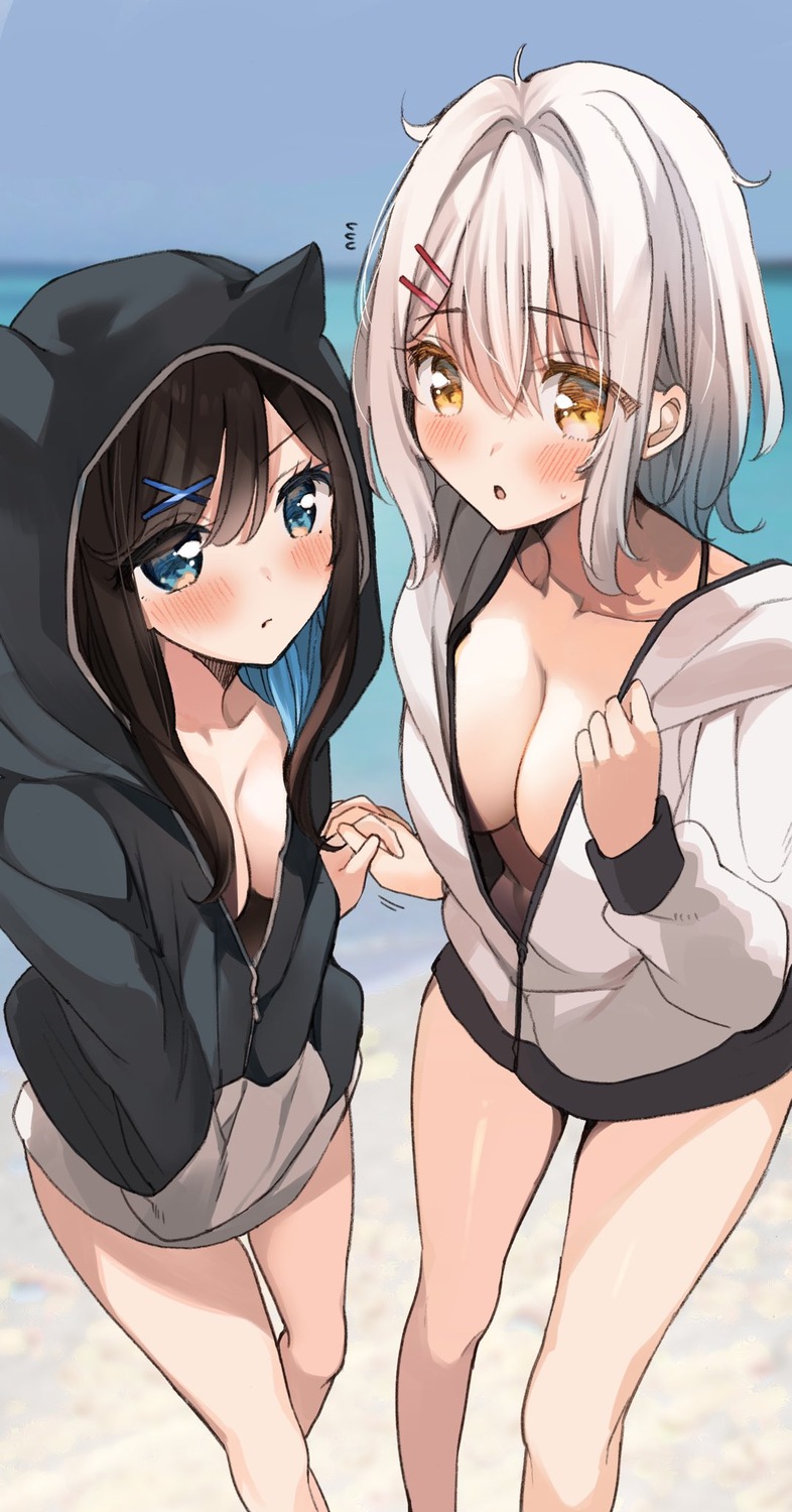 animal_ears bikini_top cleavage no_bra noyama open_shirt swimsuits