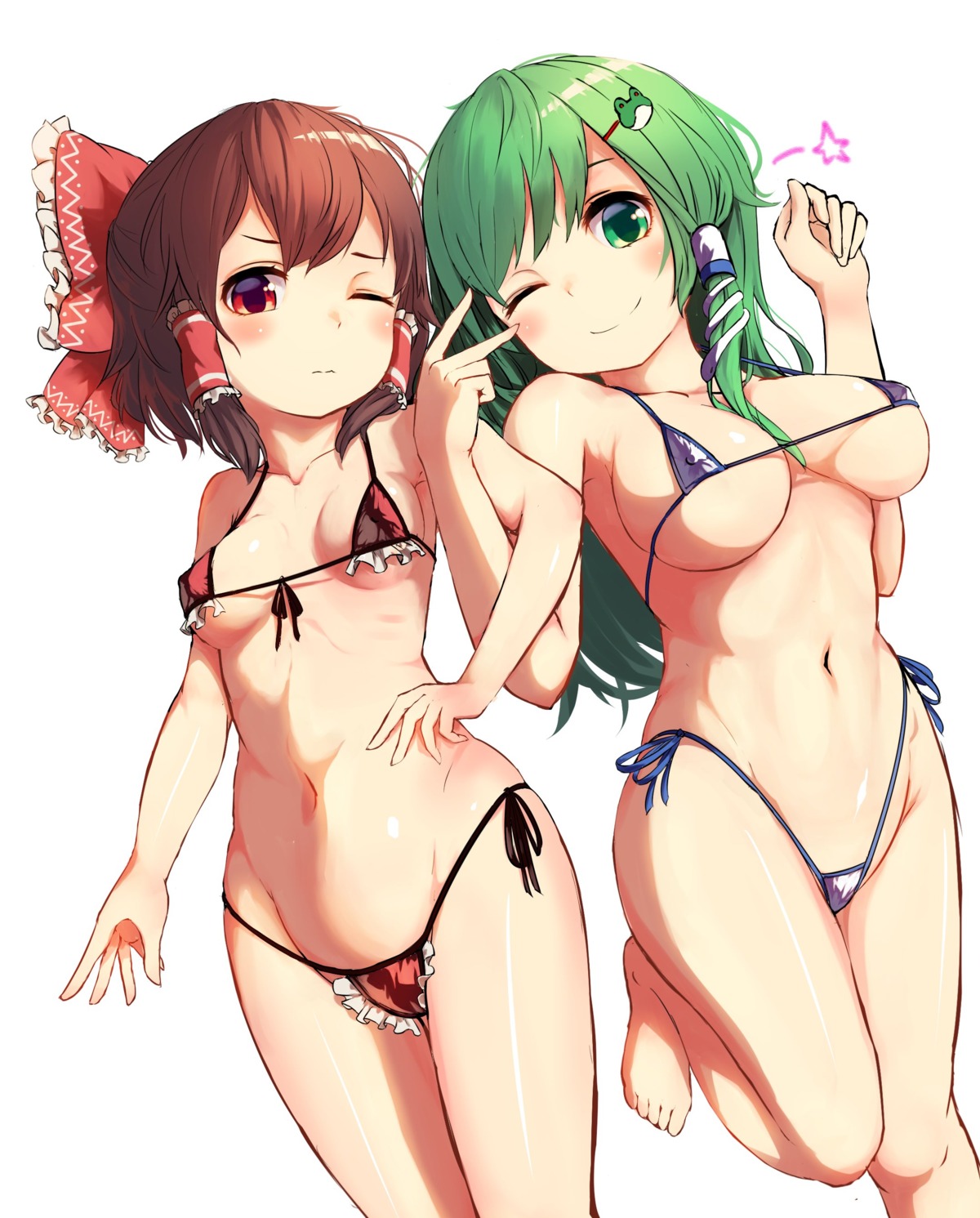 bikini erect_nipples hakurei_reimu jpeg_artifacts kochiya_sanae pyonsuke_(pyon2_mfg) swimsuits touhou underboob