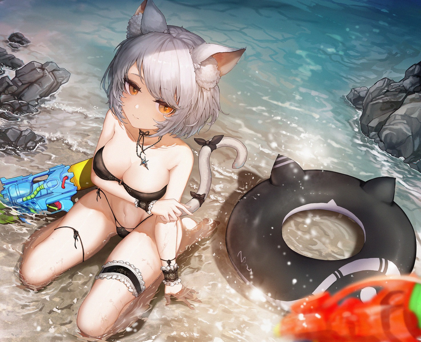 animal_ears bikini garter nekomimi swimsuits tail wet yaomiaomiao