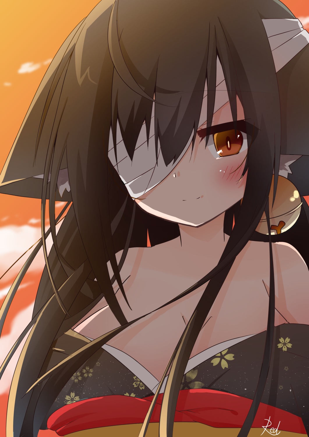 animal_ears bandages cleavage open_shirt red_(id3283372) yukata