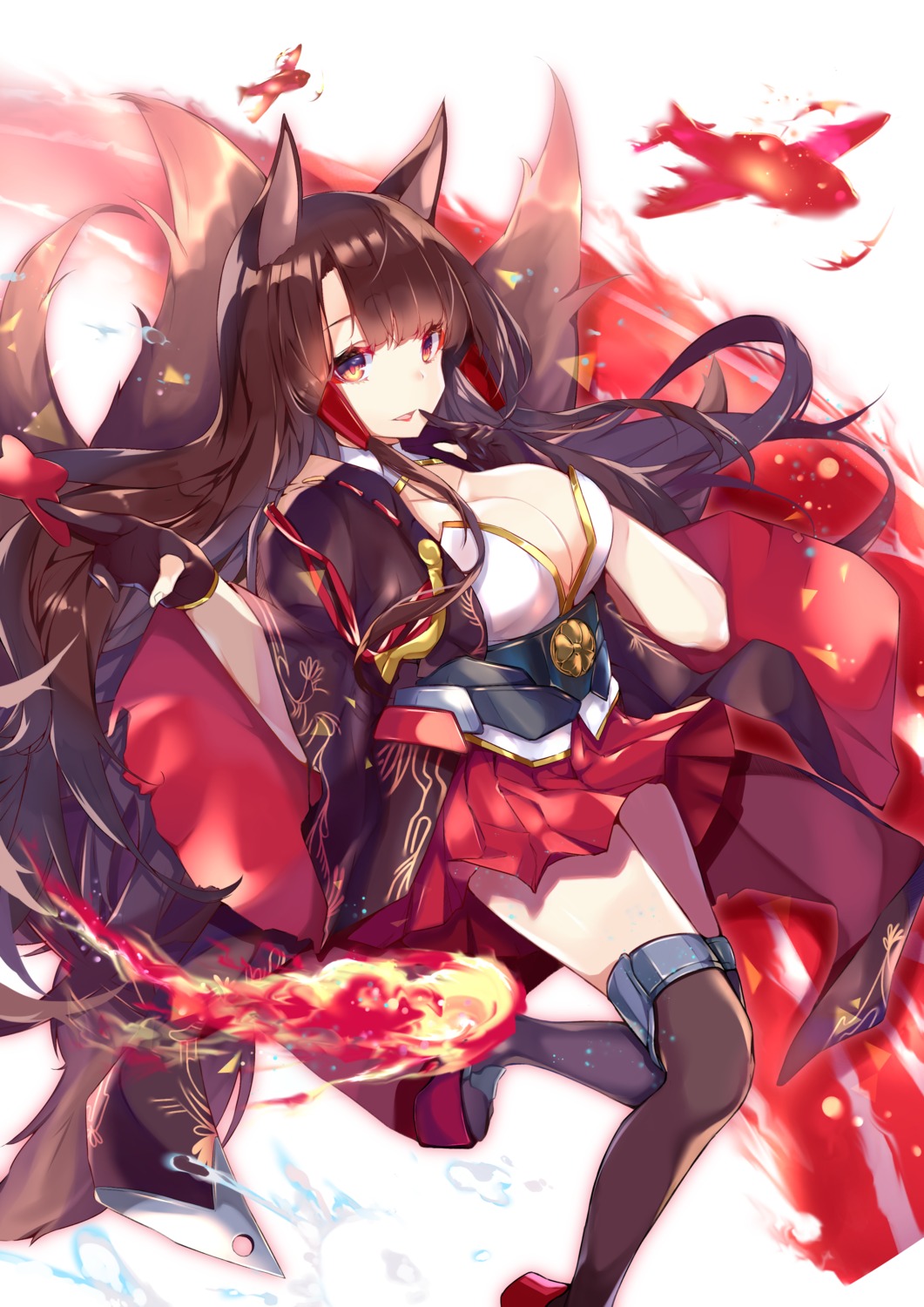 akagi_(azur_lane) animal_ears azur_lane cleavage heels japanese_clothes kikuragetom kitsune no_bra tail thighhighs